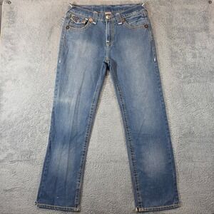 Vtg True Religion Ricky Big T Jeans Mens 34x32 Blue Straight Leg USA Made Stitch